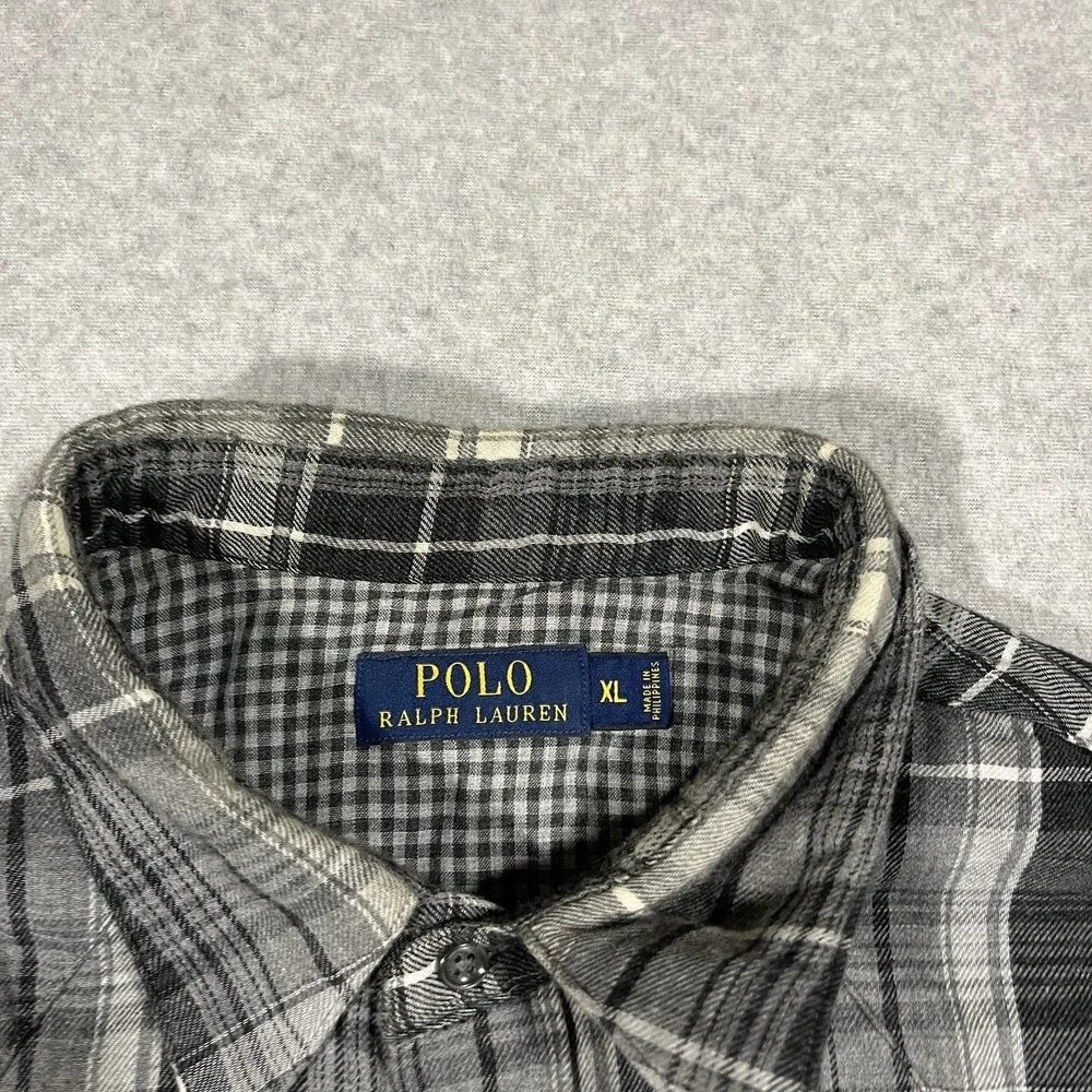 Polo Ralph Lauren Shirt Mens XL Gray Flannel Pearl Snap Western Plaid Cotton LS